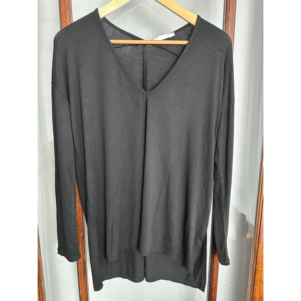 Double Zero Tunic Women's S Black Long Sleeve V-Neck Raw Hem Hi Low Minimalist
